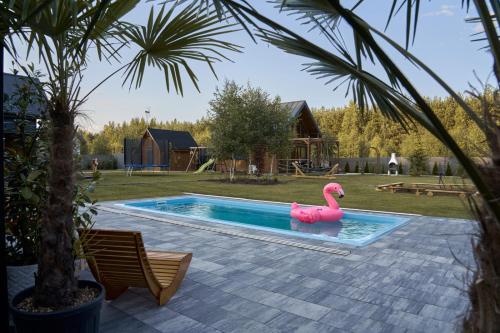 un pato de goma rosa en una piscina en Osada Joniec, en Joniec