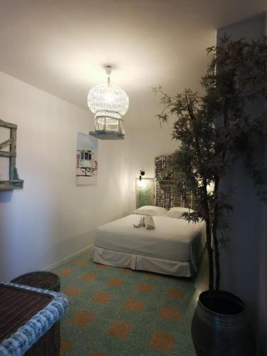 une chambre avec un lit et un arbre en pot dans l'établissement Le Gîte du Mas Amouroux, près du Mont Bouquet, à Les Plans