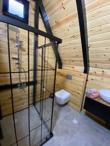 y baño con ducha y aseo. en Gohali Bungalov, en Trabzon