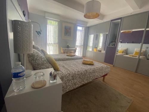 a bedroom with a bed and a large mirror at Chambre privée au calme excellente prestation in Castelnaudary