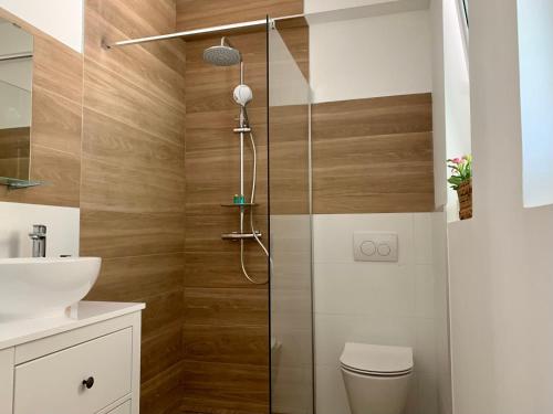a bathroom with a shower with a toilet and a sink at NOAR Apartment, NEW STUDIO in Orešje
