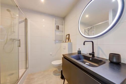 a bathroom with a sink and a toilet and a mirror at Appartement de prestige - "Big Surf" in Caluire-et-Cuire