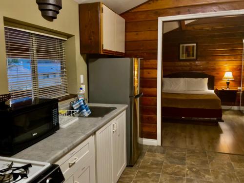 a kitchen with a sink and a bed in a room at Merritt Lodge in Merritt