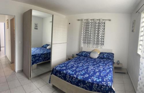 a bedroom with a bed and a mirror at Dyna 2 bedroom house in Sainte-Rose