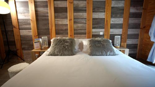 two pillows sitting on a bed in a room at La Sapinière St Lary Soulan in Saint-Lary-Soulan