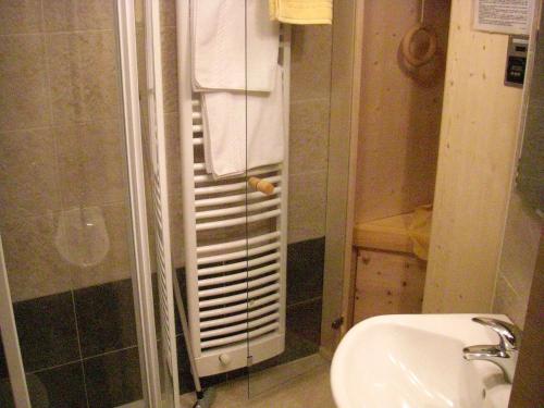 een badkamer met douche, wastafel en toilet bij A Sosta in Selva di Val Gardena