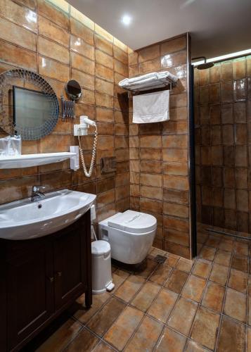 a bathroom with a sink and a toilet at Εσπερίδες in Naousa Imathias