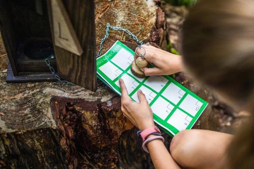 a woman sitting on a tree stump playing a game on a laptop at Narusa Leśna Przystań in Frombork