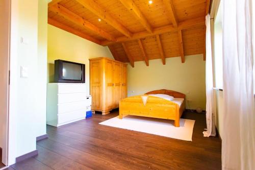a bedroom with a bed and a tv in a room at Schwarzwaldtraum am Weinberg in Sasbachwalden