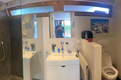 een badkamer met 2 wastafels, een toilet en een spiegel bij Tuinhuis aan het water in Voorburg
