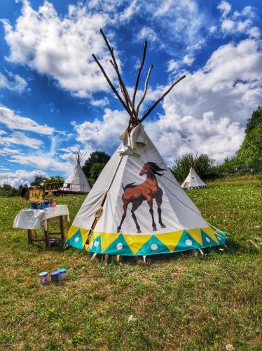 a tent with a horse painted on it in a field at Langaland Glamping in Susenii Bîrgăului
