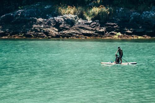 a man standing on a paddle board in the water at Villa Yumigahama in Minamiizu