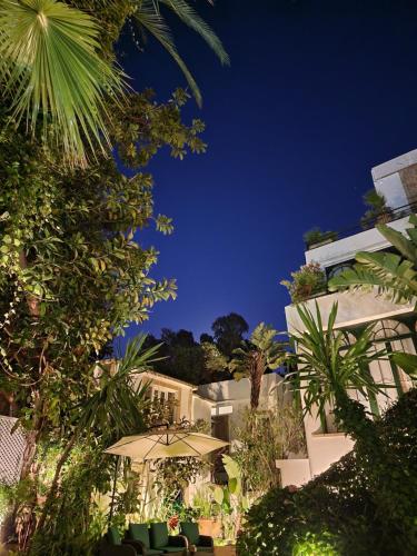 a building with umbrellas and trees at night at La Maison de Tanger in Tangier