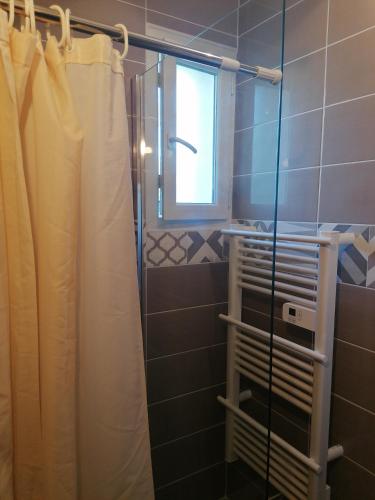 La salle de bains est pourvue d'une douche avec rideau et d'une fenêtre. dans l'établissement 1 Chambre pour 2 personnes 