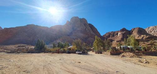 a dirt road in a desert with mountains in the background at Fox Camp (Moses Lodge) in Saint Catherine
