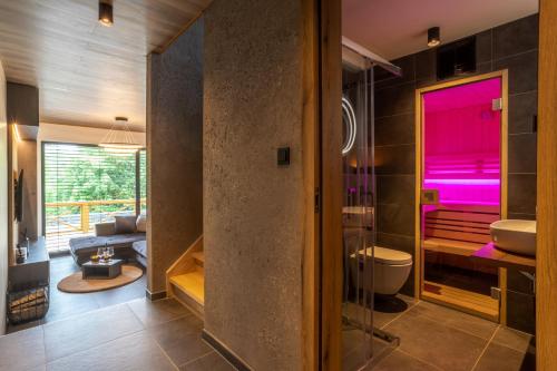 a bathroom with a sink and a toilet in a room at Apartmány Černý Důl in Černý Dŭl