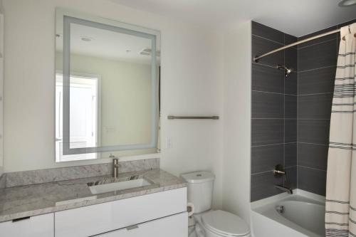 a bathroom with a sink and a toilet and a mirror at Pentagon City 2br w pet spa firepit nr dining WDC-698 in Arlington