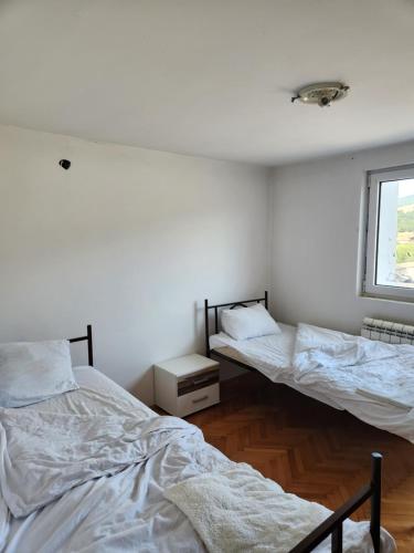 two beds in a white room with a window at House ViS in Dimitrovgrad