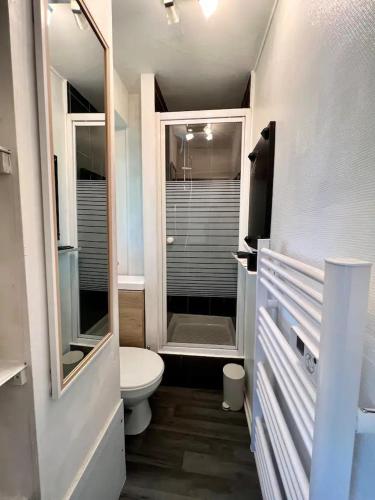 La petite salle de bains est pourvue d'une douche et de toilettes. dans l'établissement L'Arquebuse - Cité de la Gastronomie, à Dijon