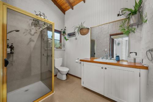 y baño con ducha, lavabo y aseo. en Sea view holiday plant house , close to CBD and Beach en Kingston Beach
