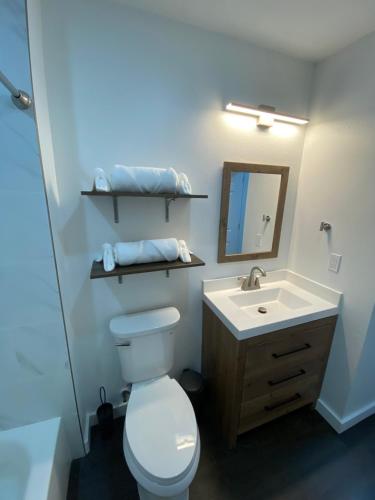 La salle de bains est pourvue de toilettes, d'un lavabo et d'un miroir. dans l'établissement Villa at Island Club, à Kissimmee