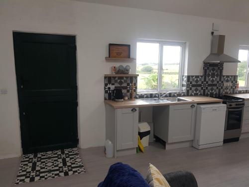 a kitchen with a green door and a sink at Fully Refurbished 200-Year-Old Farmhouse in Tralee