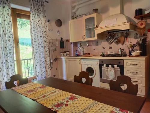 a kitchen with a table and a washing machine at Orchidea in Frabosa Soprana