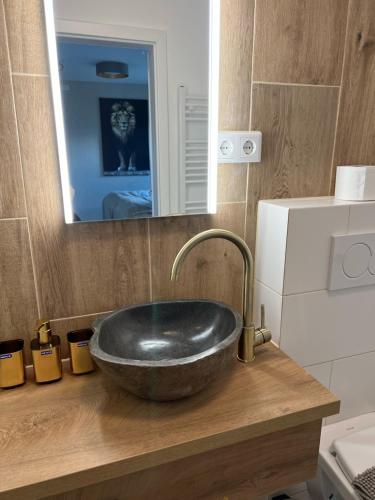 a sink in a bathroom with a mirror at Pension Ottenheide in Schloß Holte-Stukenbrock