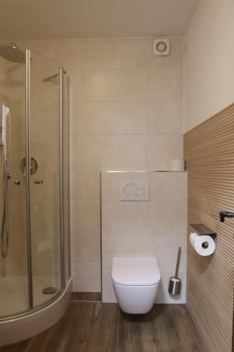 a bathroom with a toilet and a glass shower at Pension Almhof Baumgarten in Bad Reichenhall