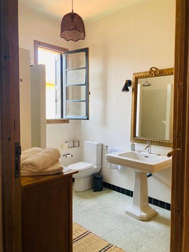 une salle de bain avec un lavabo, des toilettes et un miroir dans l'établissement Les Cagettes en Ville, à Perpignan