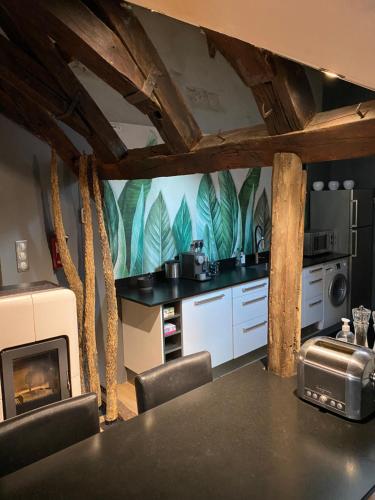 a kitchen with a table and a fireplace at Loft i gemelli in Montbéliard