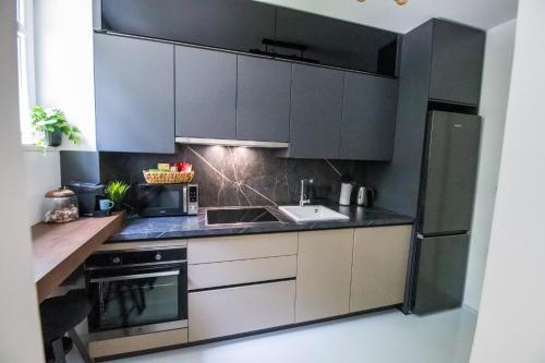 a kitchen with black cabinets and a sink at BNF Lounge in Varaždin