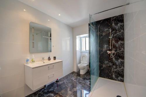 y baño con lavabo, ducha y aseo. en Razzett Warda B&B, en Għasri