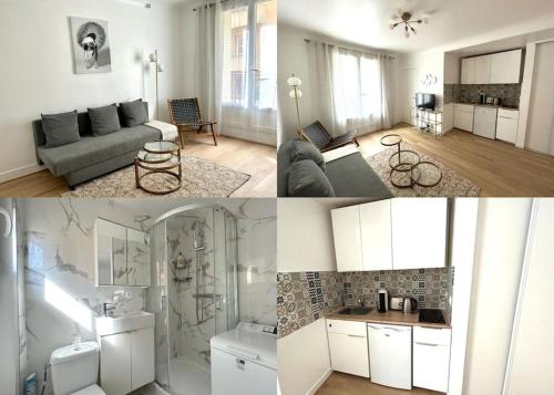 een woonkamer en een woonkamer met een bank en een keuken bij Paris cosy studio near Beaugrenelle and Eiffel Tower in Parijs