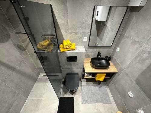 een badkamer met een wastafel en een spiegel bij Apartment Luce in Lovran