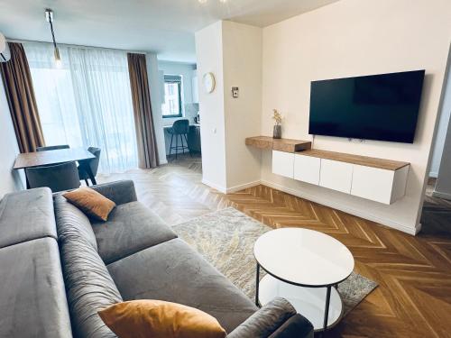 a living room with a couch and a flat screen tv at Bel Dom - The Central, spacious 2 rooms luxury apartment in Cluj-Napoca