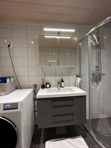 a bathroom with a sink and a shower at Fin leilighet på Geilotunet leies ut in Geilo