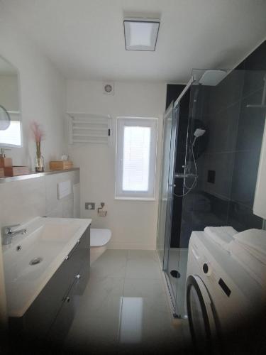 a white bathroom with a shower and a sink at Rhön Apartments in Frankenheim