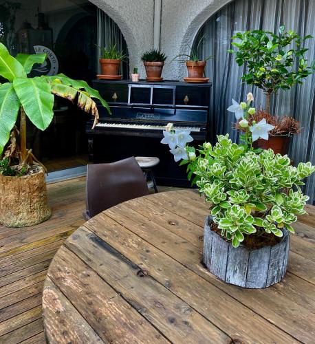 a table with plants and a piano in a room at L'Ecume des Jours in Soulac-sur-Mer