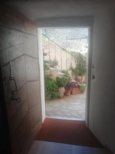 une porte ouverte menant à une cour ornée de plantes dans l'établissement A Torra, à Ville-di-Paraso