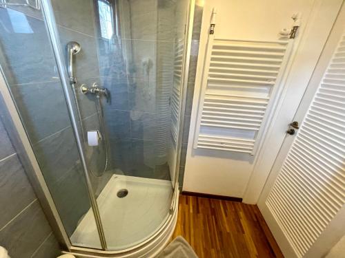 a shower with a glass door in a bathroom at Bungalov na vode - Lobster in Senec