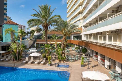 an outdoor swimming pool with palm trees and a building at Climia Benidorm Plaza in Benidorm