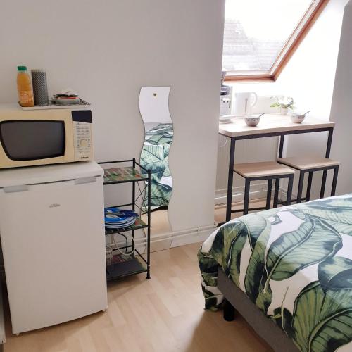 Cette petite chambre comprend un lit et un four micro-ondes. dans l'établissement Maison de la Loue