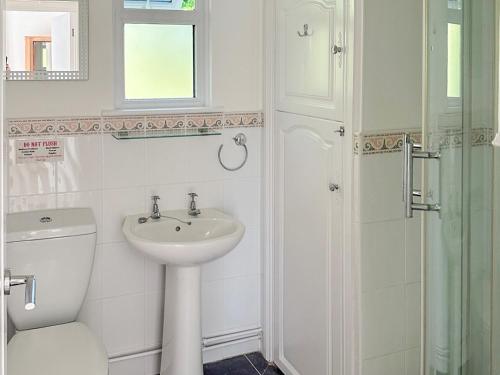 a white bathroom with a toilet and a sink at Owl Lodge in Great Moulton