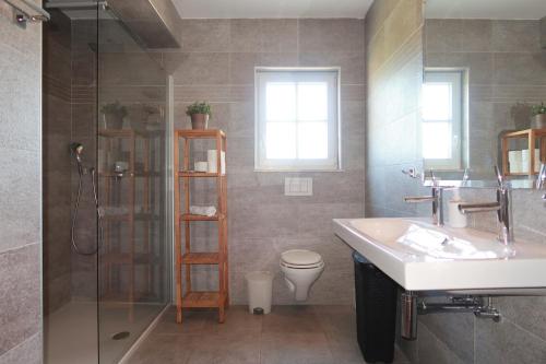 un bagno con doccia, lavandino e WC di Family Villa Blum a Dobrinj