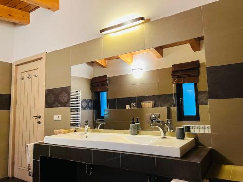 baño con lavabo grande y espejo grande en Bazalt Wellness Villa en Harghita-Băi