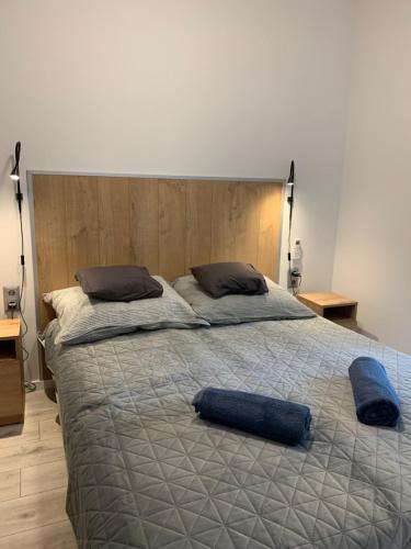 ein großes Bett mit zwei blauen Kissen darauf in der Unterkunft Fűzliget2- Skiff in Balatonfůzfő