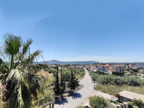 a palm tree and a road in a city at Stamatina's Luxury Penthouse in Pastida in Pastida