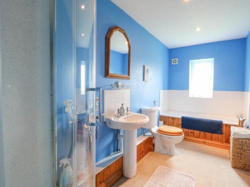 y baño con aseo, lavabo y ducha. en 2 Stud Cottage en Hainford