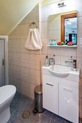 a bathroom with a sink and a toilet and a mirror at Rena's House in Ierapetra